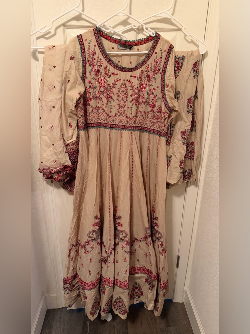 HUSSEIN REHAR Embroidered Beige Maxi Dress with Pink Floral Accents